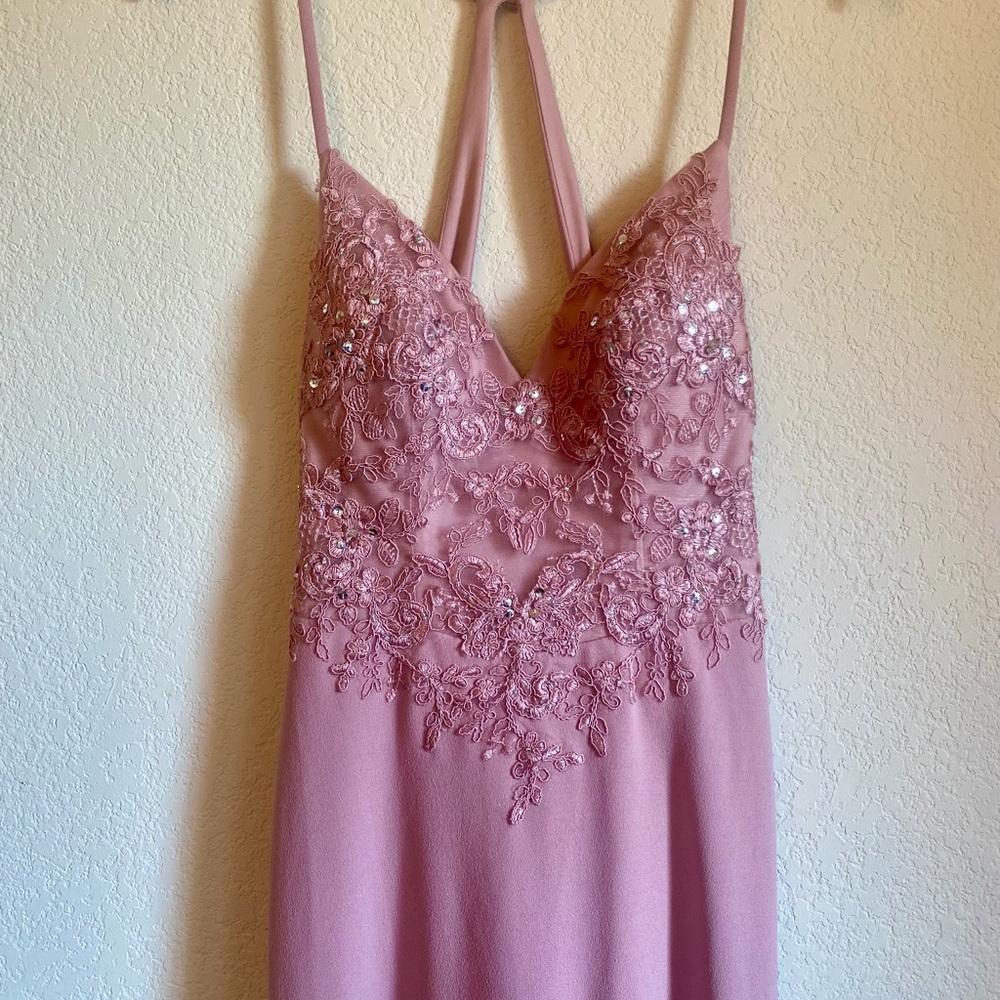 Azazie Dusty Rose Full Length Dress w/sequins, lace and train, sz 2, w/new tags